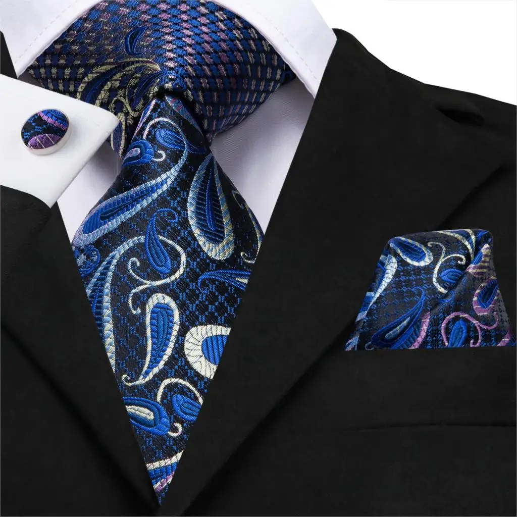 Hi-Tie шелк Пейсли синие мужские галстуки Свадебная вечеринка роскошный галстук синий галстук-бабочка платок запонки набор модные галстуки для мужчин - Цвет: C-3532