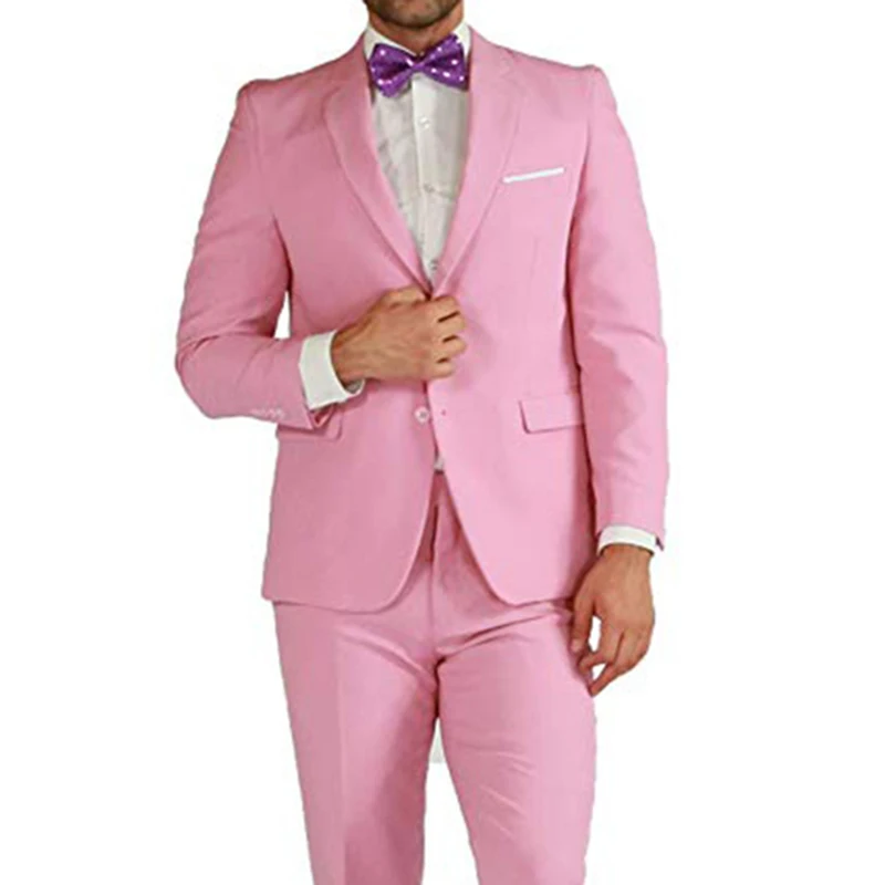 Pink Желтые мужские костюмы двубортный 2 шт.(пиджак+ брюки) остроконечный воротник приталенные костюмы для свадьбы Вечерние смокинги - Цвет: Pink