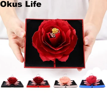 

New 3PCS Fashion Elegant Folding Rose Ring Box Rotating Romatic Flower Ring Box Birthday Valentine's Day Wedding Jewelry Boxes