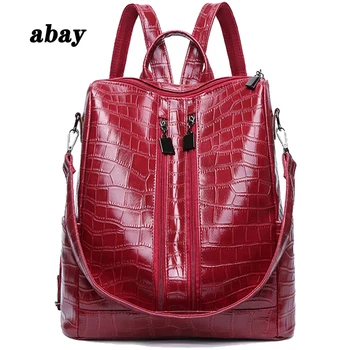 

2019High quality leather anti-theft female backpack large capacity crocodile pattern bag teenager girl male travel bag