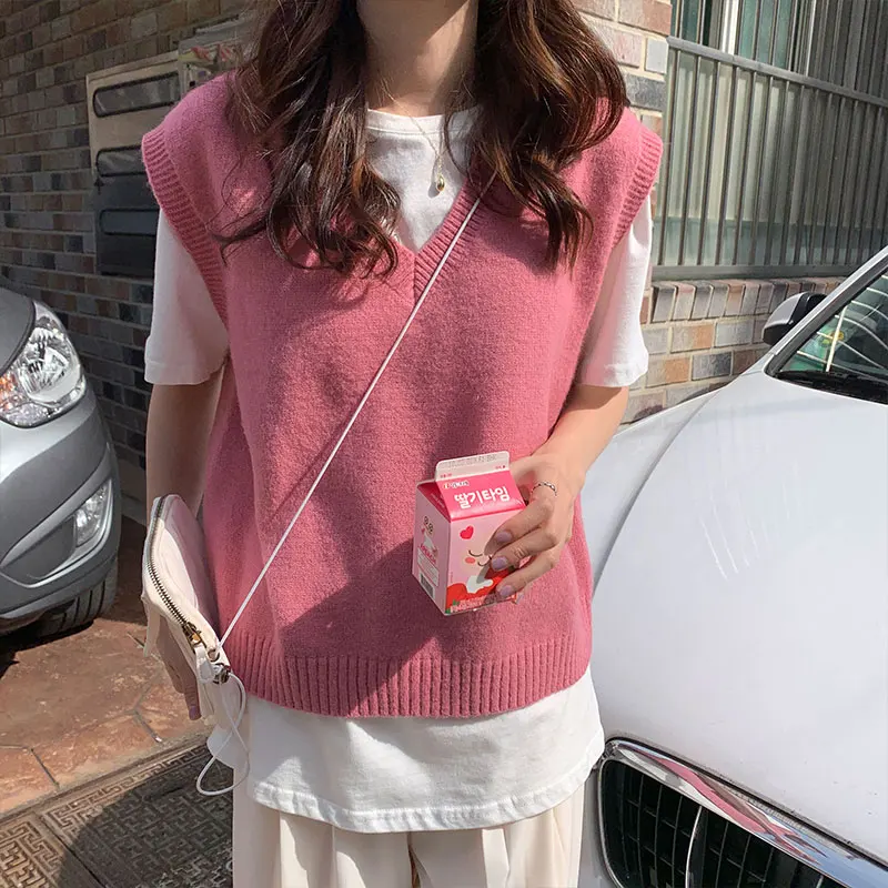 

4colors 2020 autumn and winter korean style v neck knitted solid color sleeveless vest sweaters womens pullovers womens