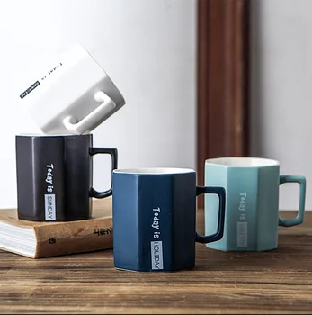 

New Unique Polygonal ceramic Mug with lid spoon,Male female office mugs couple cups Cartoon cute tea mug Creative Drinkware cup