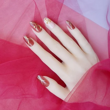

24Pcs/1Set Long Design French Fake Nail Art Tips With Gold Color Glitter Acrylic Full Cover False Nails Tool