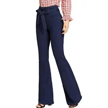 Темно-синие расклешенные джинсы женские Джинсовая ткань брюки винтажная женская одежда осенние брюки с высокой талией джинсы-стретч с поясом