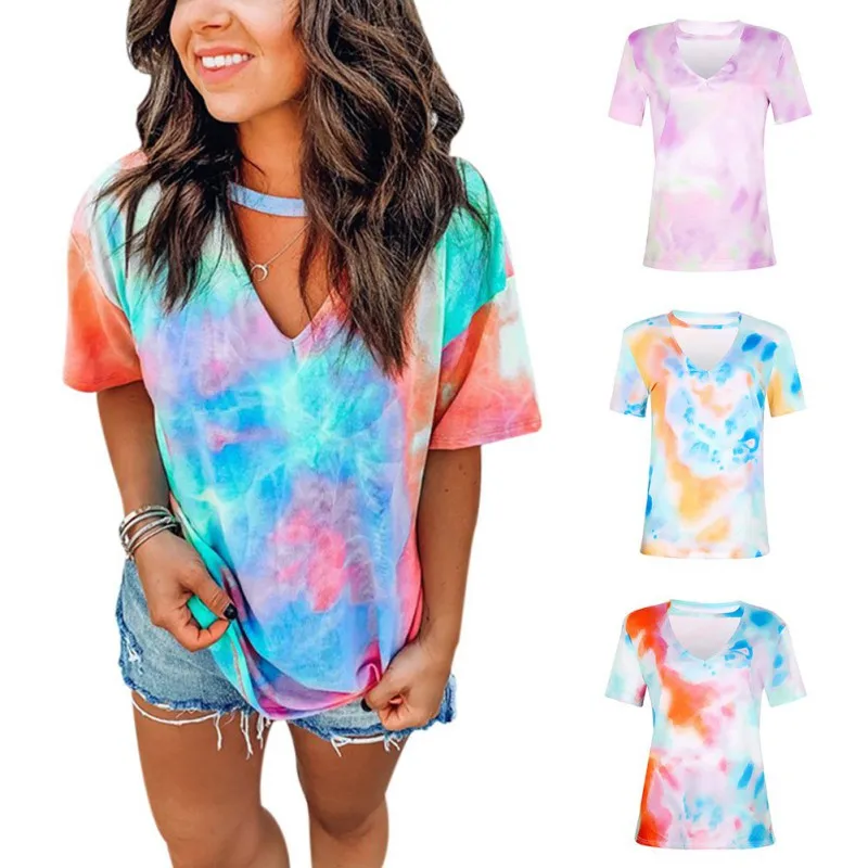 

Loose Casual Women Gradient Color Print Tshirt Short Sleeve Summer 2020 New Fashion Tie-dye Print Short T-Shirts Plus Size 5XL