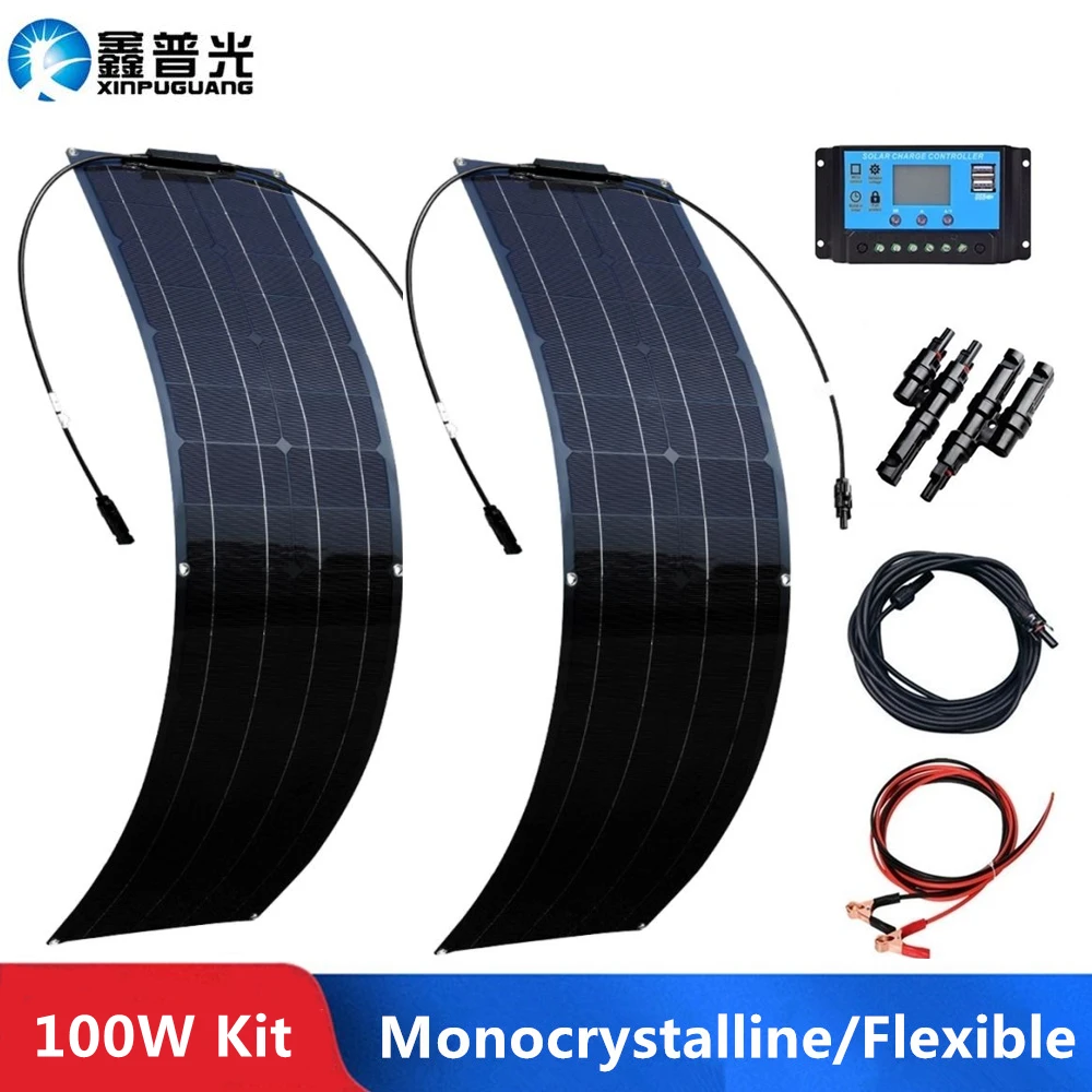 Solar Panel kit 1-2ชิ้นชุดแผงโซล่า50W 100W ชุดสมบูรณ์12V เซลล์โมโนประสิทธิภาพสูงแผงโซล่ายืดหยุ่น S พร้อมสายเคเบิลเครื่องควบคุมการชาร์จ PV 1
