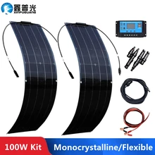 Kit de painel solar completo de 100w, 2 pçs, 50w, 12v, alta eficiência, painel solar flexível de célula mono com controlador de carga, cabo pv