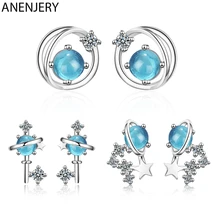 ANENJERY фантастические синего цвета с украшением в виде кристаллов Вселенной серьги-гвоздики "Планета" СЕРЬГИ 925 пробы Серебряная Звезда Циркон серьги в виде капель с кристаллами в форме Для женщин девочек S-E1001