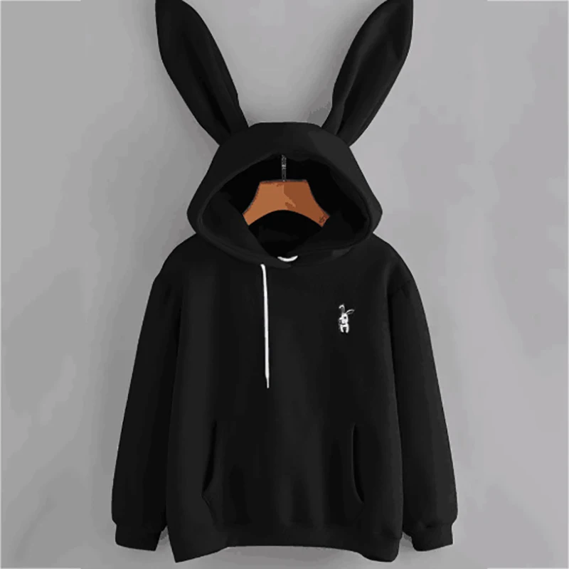 Толстовки с кроличьими ушками sudadera kawaii, женская зимняя теплая розовая толстовка с капюшоном, толстовки с передним карманом - Цвет: Черный