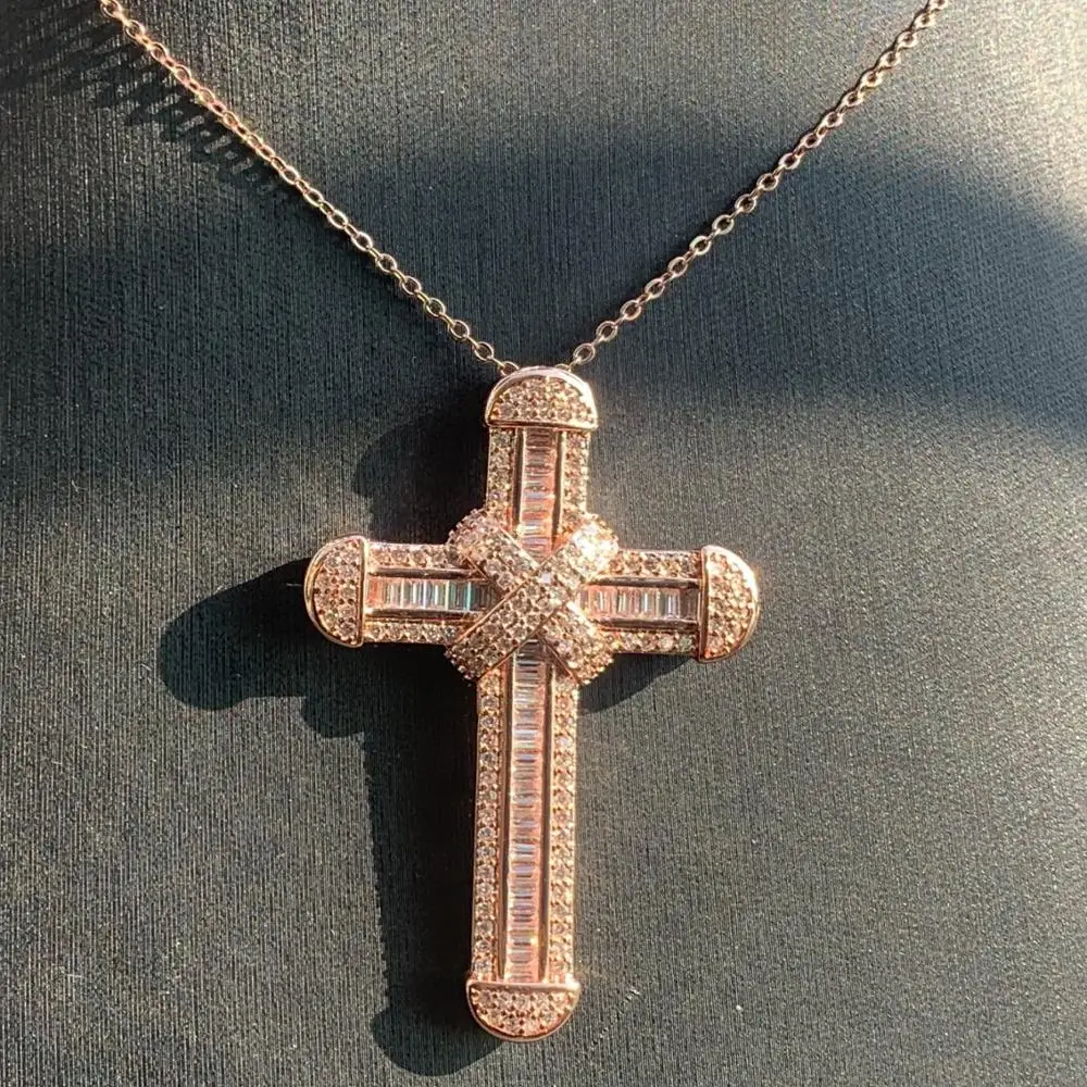 

Rulalei Drop Shipping Super Shinning Vintage Jewelry 925 Silver&Rose Gold Fill Full White 5A CZ Cross Pendant Women Necklace