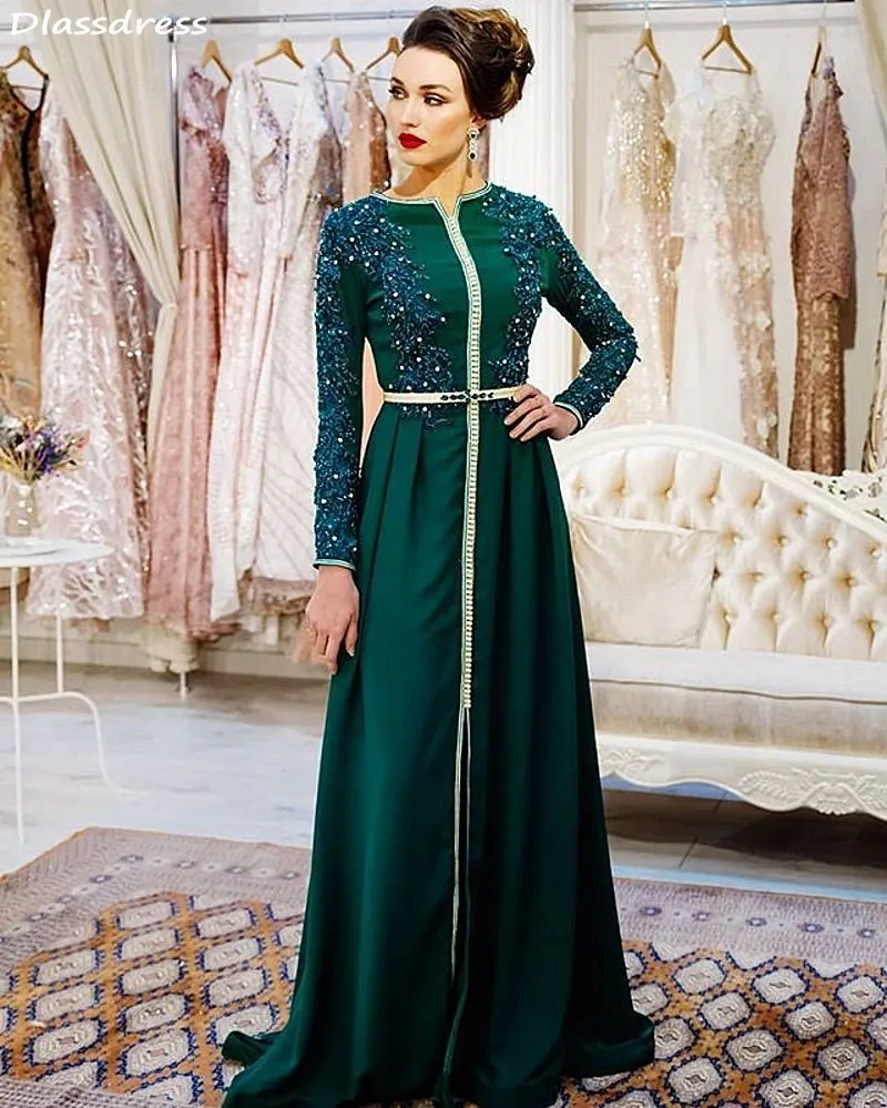 

2020 Green Evening Dress A-line Satin Long Sleeves Beading O-neck Floor Length Muslim Arabric Prom Dress vestido de festa azul