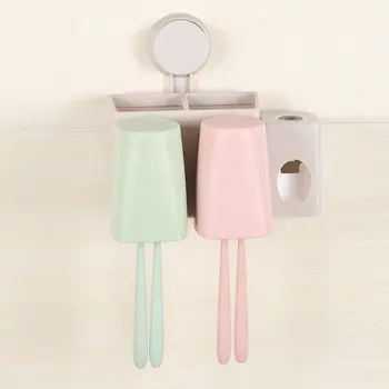 

Wheat Straw Sucker Wall Mount Tooth Brush Holder Wash Suit with 2 Cups Toothpaste Squeezer Bathroom Organizer Accessories