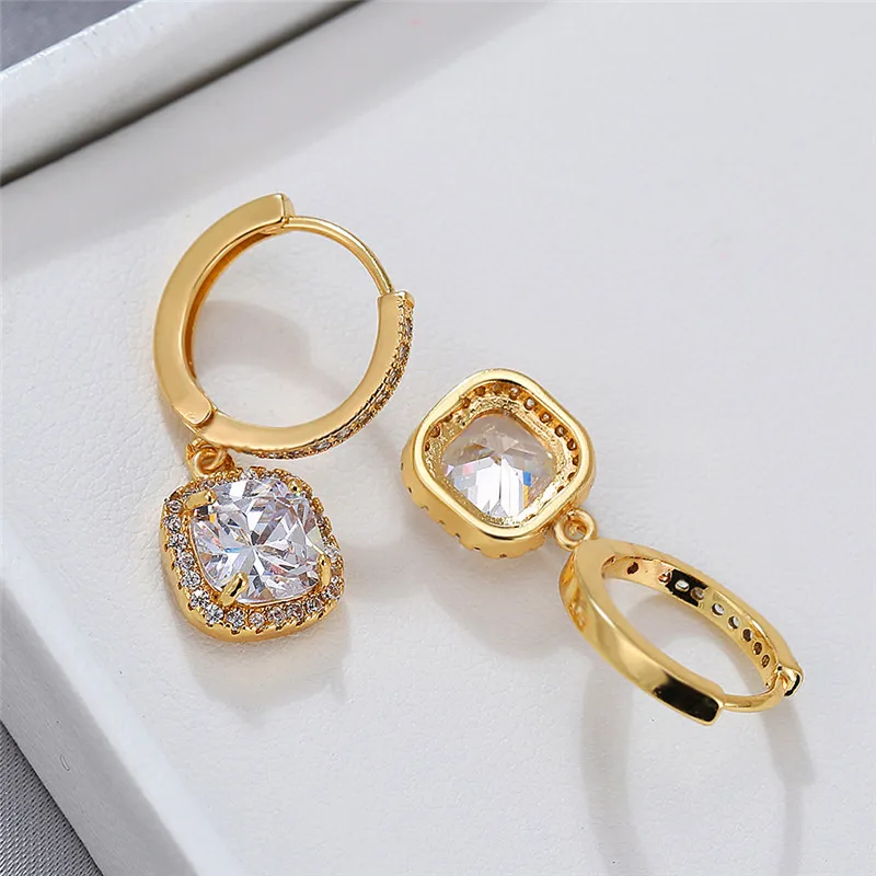 Dainty Female Rainbow Crystal Drop Earrings Rose Gold Silver Color Hoop Earrings Charm Bridal Square Wedding Earrings For Women