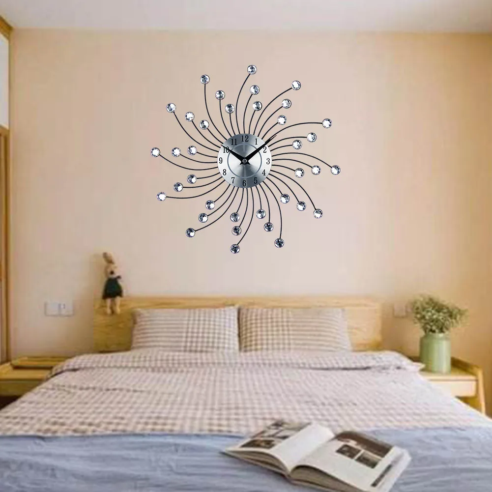 Wall Clock Sunburst Metal Decorative Crystal Art Celebration Easy Installation Home Use Rotating Gifts Quartz Movement Office