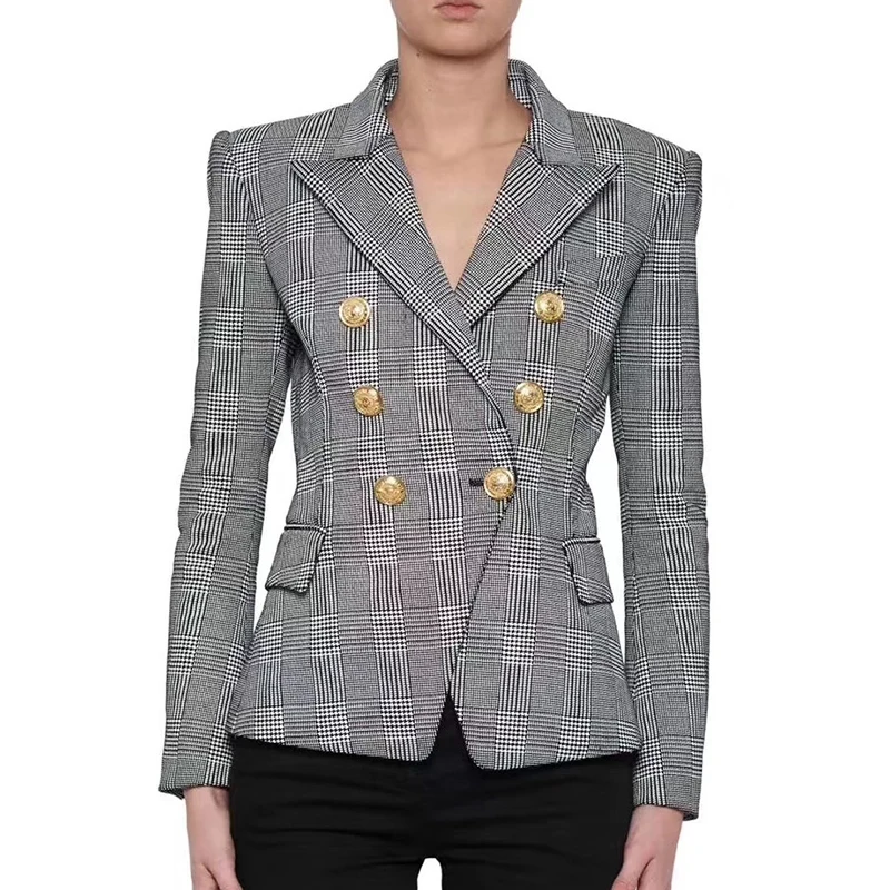 

EXCELLENT QUALITY Newest 2023 Designer Jacket Women's Career Classic Plaid Slim Fitting Double Breasted Lion Buttons Blazer