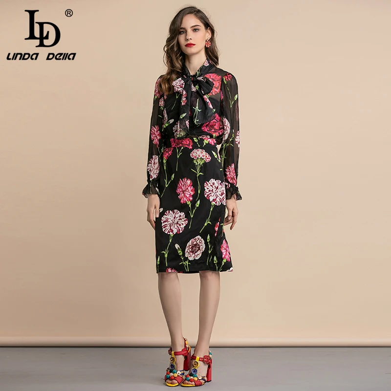 

LD LINDA DELLA Autumn Fashion Runway 100% Silk Set Women's Elegant Floral Print Skirts Vintage 2 Two Pieces Sets Lady Suits