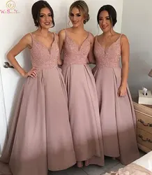 Элегантное розовое платье подружки невесты 2019 Новое ТРАПЕЦИЕВИДНОЕ длинное атласное свадебное платье с v-образным вырезом без рукавов для
