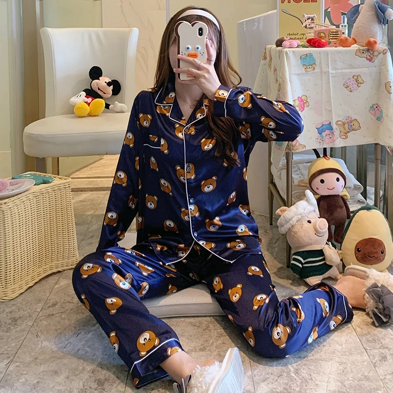 satin pajamas Autumn Plus Size Long Sleeve Silk Satin Pajama Sets for Women Korean Cute Cartoon Sleepwear Pyjama Homewear Pijama Mujer Clothes satin pjs Pajama Sets