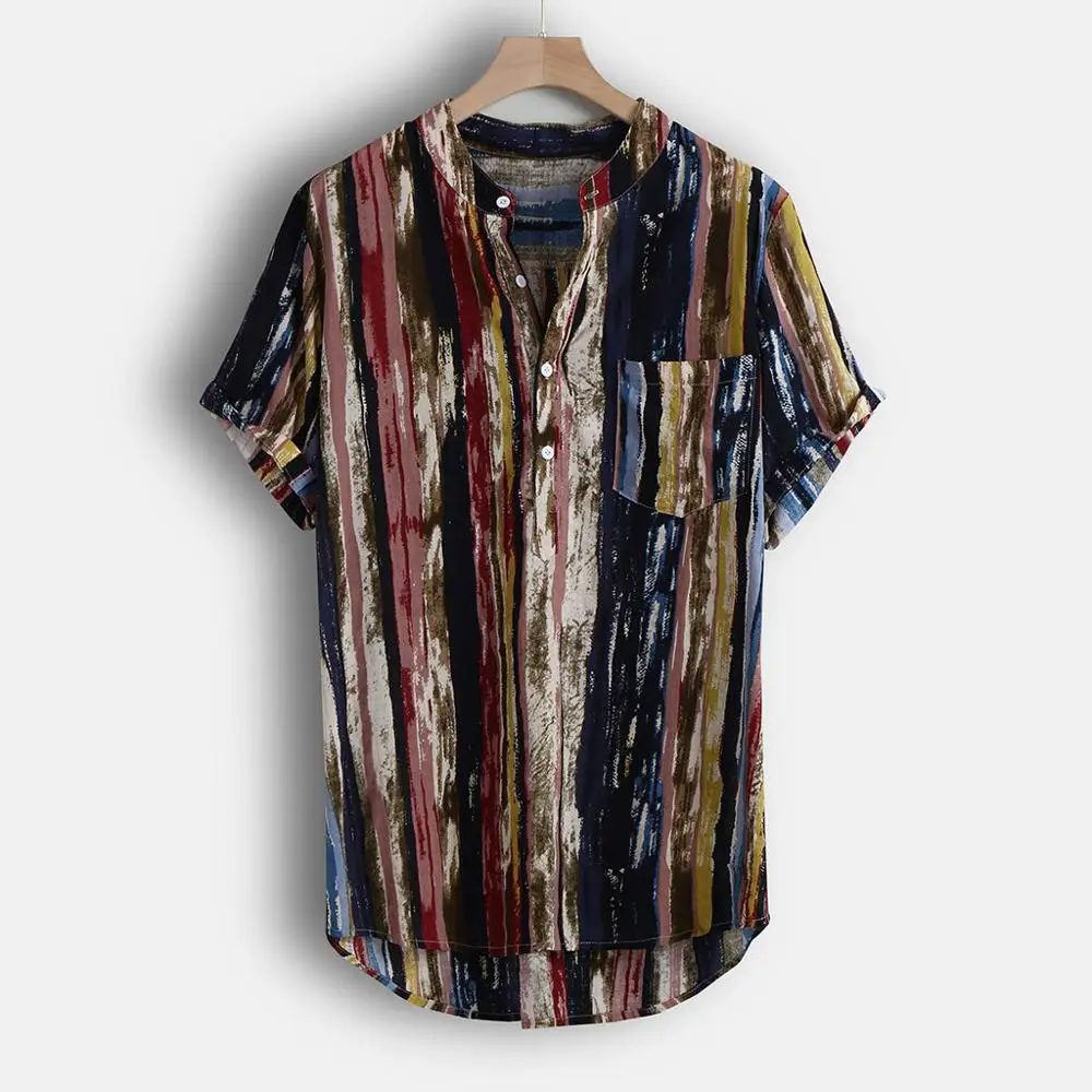 Мужская футболка, футболка с коротким рукавом, топ в полоску, летняя уличная одежда, стоячий воротник, Повседневная разноцветная модная гавайская рубашка