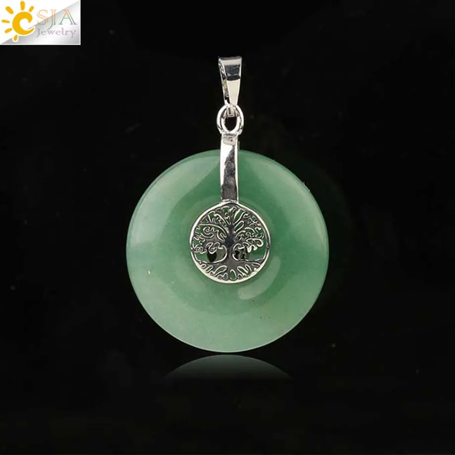 Green Aventurine Csja Древо жизни Подвески натуральный кристалл полый круглый камень «reiki» энергии мудрость деревья Для женщин Для мужчин Подвески Ожерелья G146 - Окраска металла: Green Aventurine