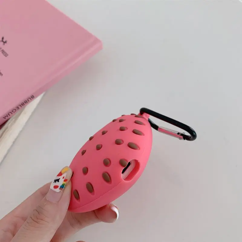 Силиконовый защитный чехол розовый чехол с клубникой с карабином для Airpods 1/2
