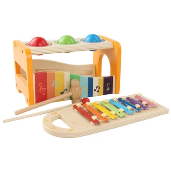 

Multifunctional Wooden Bench with Slide Out Xylophone Pounding Toy for Toddlers
