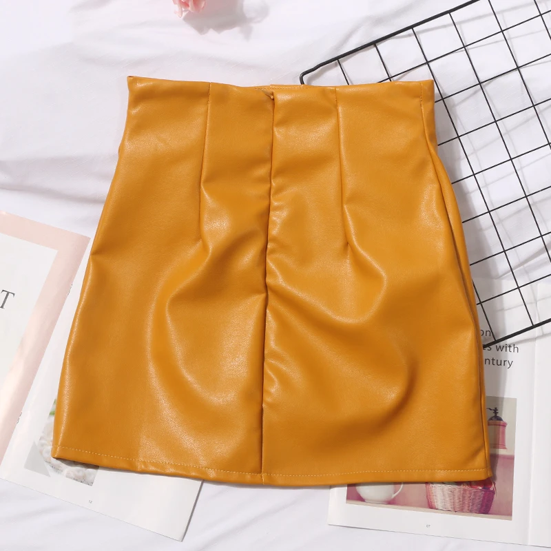 Мягкие желтые короткие юбки-карандаш из искусственной кожи, женская уличная одежда, Женская осенне-зимняя юбка с высокой талией