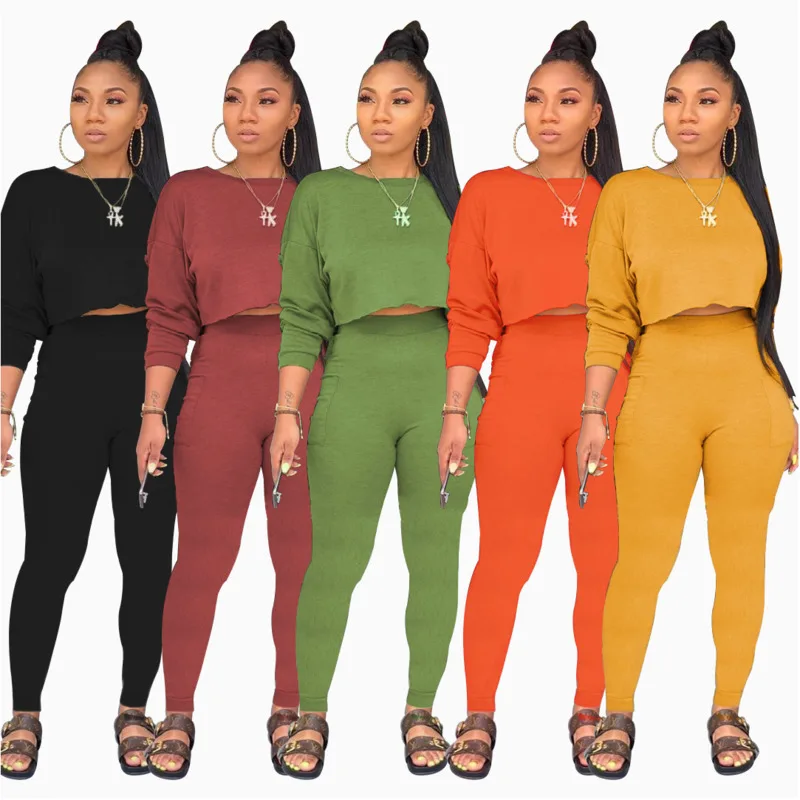 

Casual Two Piece Sport Set Autumn Biker Tracksuits O-neck Long Sleeve Crop Top And Pencil Pants Matching Sets Women Streetwear