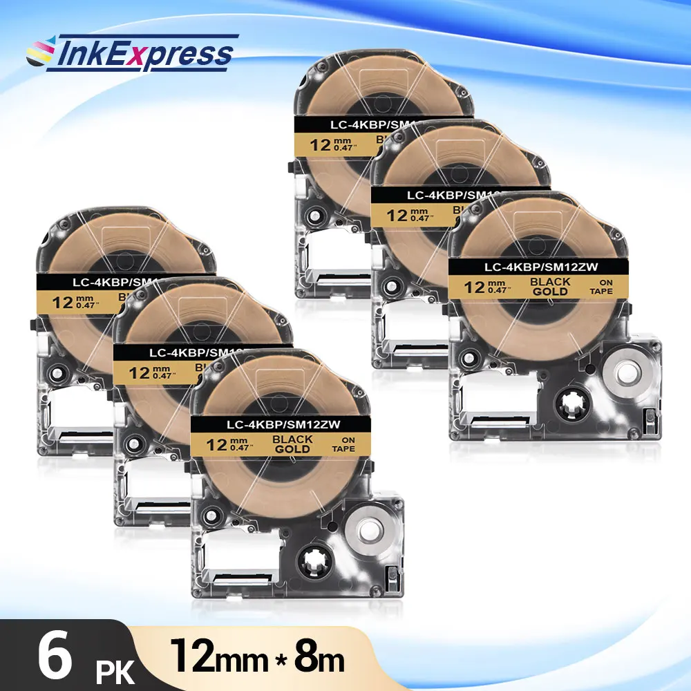 6pcs Sm12zw Tape For Epson Sm12zw 12mm Label Tape Black On Gold Printer