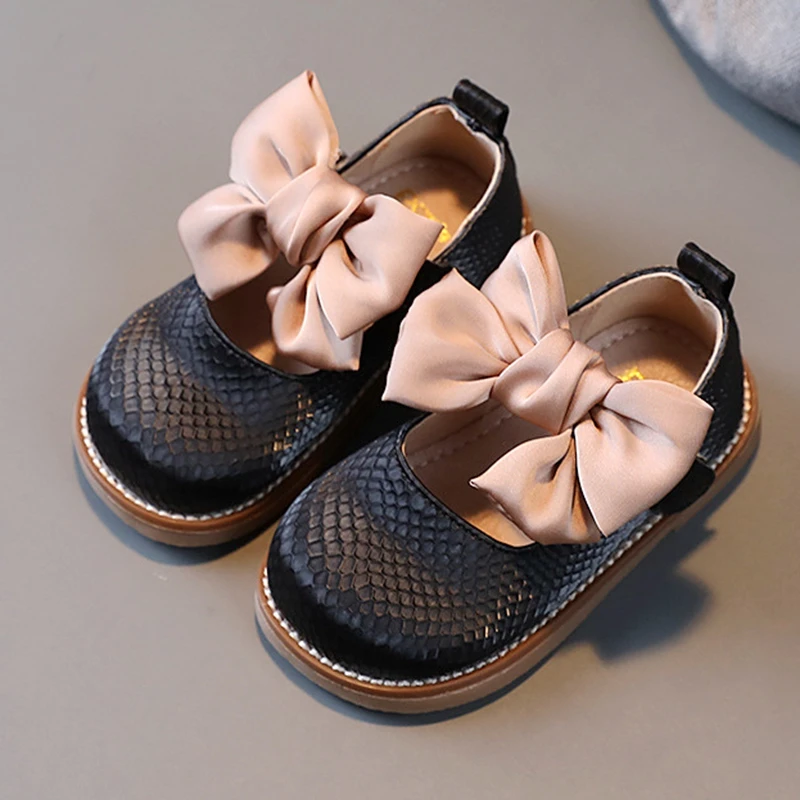 13.5-18.5cm Brand Children Solid Pure Shoes Girls Leather Shoes Lace Bow-knot Sweet Soft Princess Dress For Wedding