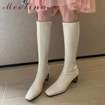 

Meotina Square Toe Knee High Boots High Heel Woman Boots Chunky Heel Shoes Zipper Long Boots Female Autumn Winter White Size 40