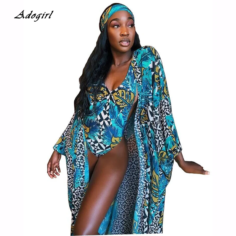 

Boho Blue Leaf Print Beach Summer Swim Suit Two Piece Set Sexy Deep V Neck Bodysuit with Long Cape Coat Cover Up Outfuts Women