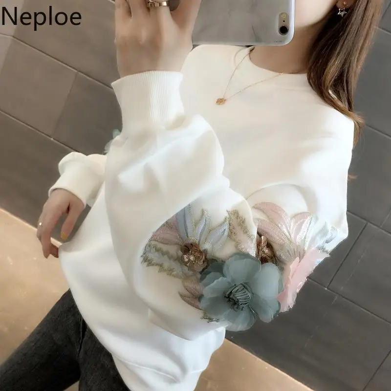 

Neploe Thicked Flower Embroidery Hoodies O Neck Long Sleeve Ins Warm Sweatshirt Autumn Spring 2020 New Solid Ladies Top 48207
