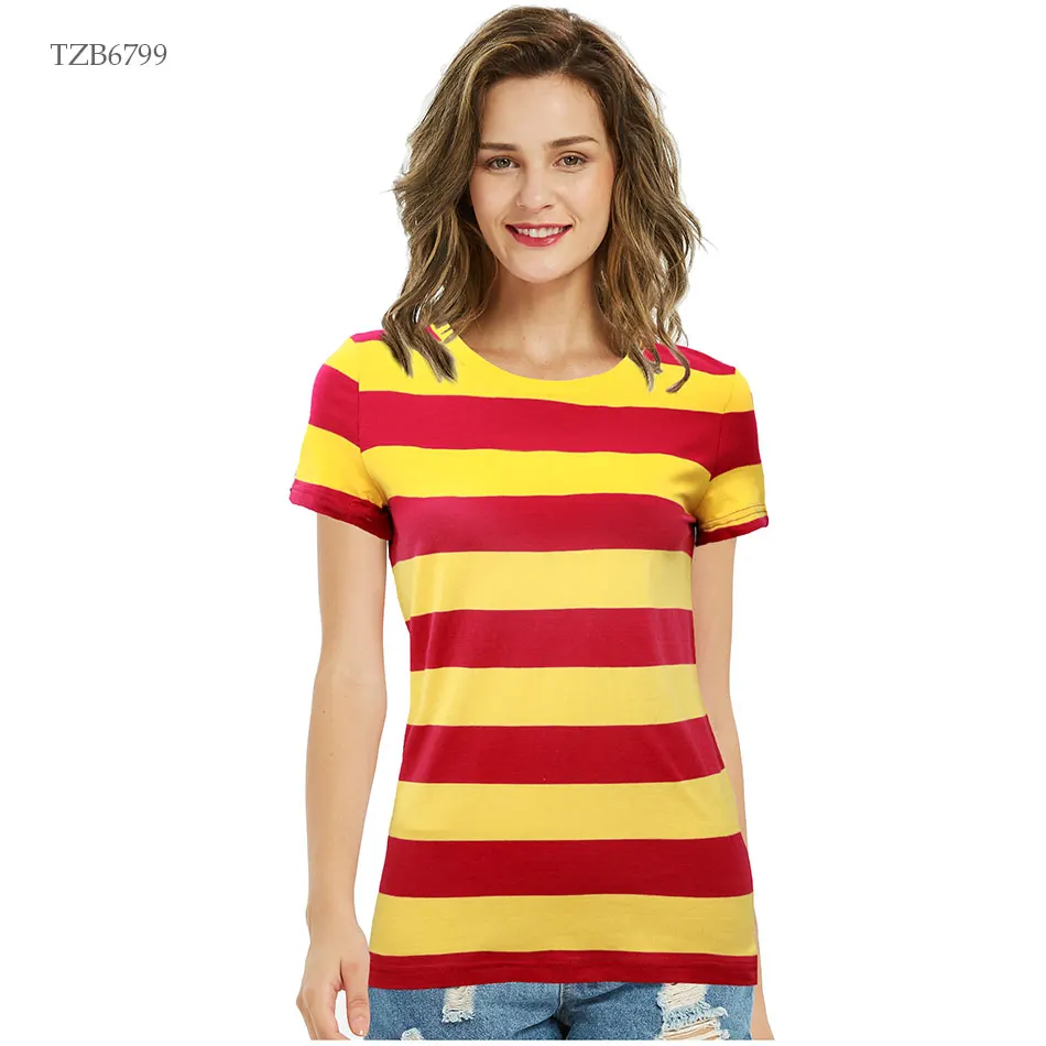 Zecmos Women's Red Yellow Striped T Shirt Summer Round Neck 