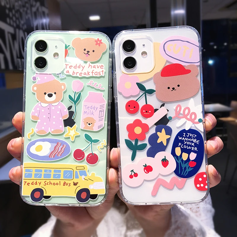 

Cute Cartoon Flowers Bear Clear Phone Case For iPhone 12 Pro Max Mini 11 X XS XR 7 8 Plus Animal Transparent Soft TPU Back Cover