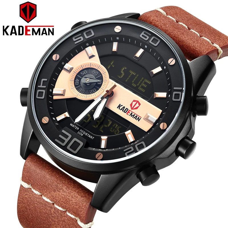 

KADEMAN New Sports Watch Men Luxury World Time Casual Leather Watch 3ATM LED Display Wristwatch TOP Brand Military Clock Relogio