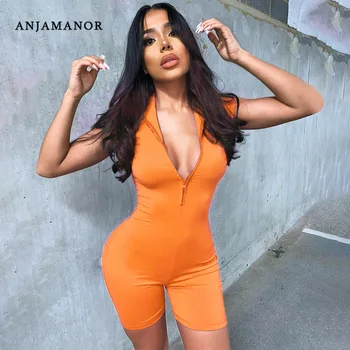 

ANJAMANOR Neon Solid Color Zip Bodycon Jumpsuit Short Sleeve Romper Women Sporty Fitness Clothes Sexy One Piece Outfit D16-BD18