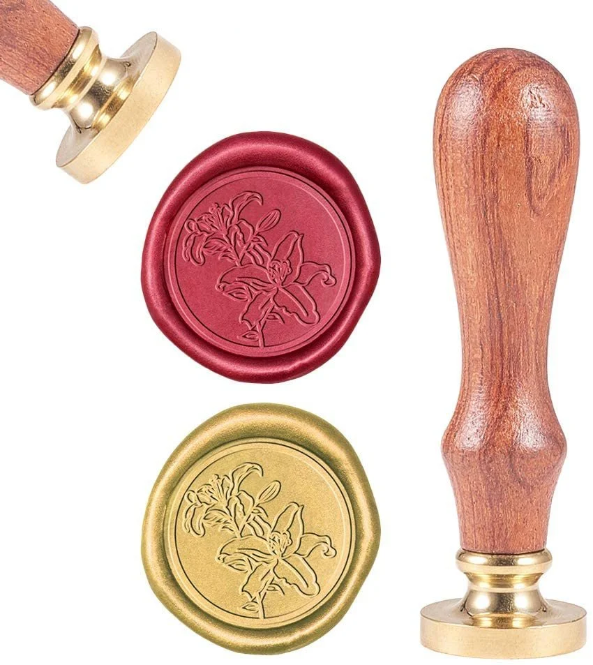 1PC Wax Seal Stamp Sealing Wax Stamps Greenish Lily Flower Retro Wood Stamp Wax Seal 25mm