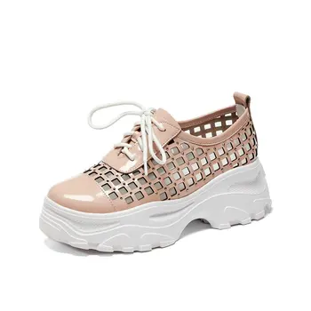 

Fashion Women Pumps Genuine Leather Platforms Pink Cut-out Spring Summer Casual Shoes Woman Round Toe Shoes