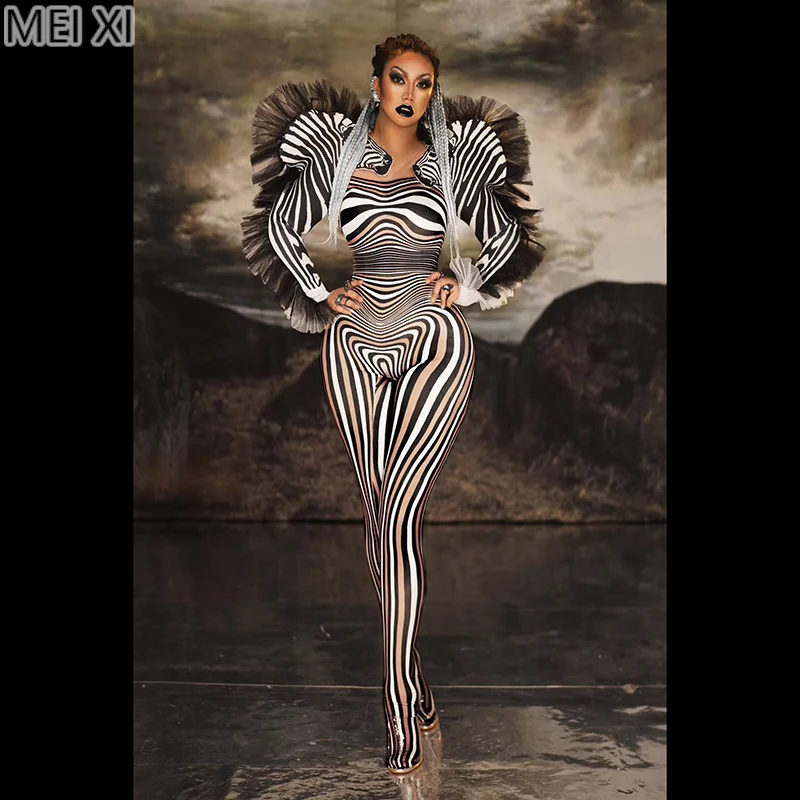 

Unique zebra print design lace sleeve edge onesie nightclub bar concert DJ singer/dancer costume