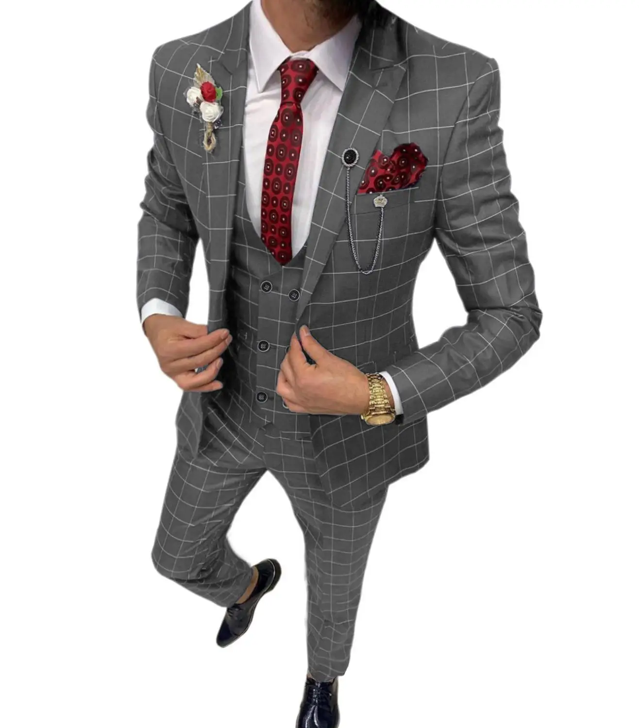 Royal Blue Casual Men's Suit Slim Fit Type 3 Pieces Double Breasted Breathable TR Plaid Thin Prom Dress Jacket Party Travel