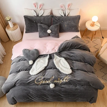 

Cute Rabbit Ear Gray Blue Pink White Fleece Fabric Winter Girl Bedding Set Soft Velvet Duvet Cover Bed sheet/Linen Pillowcases
