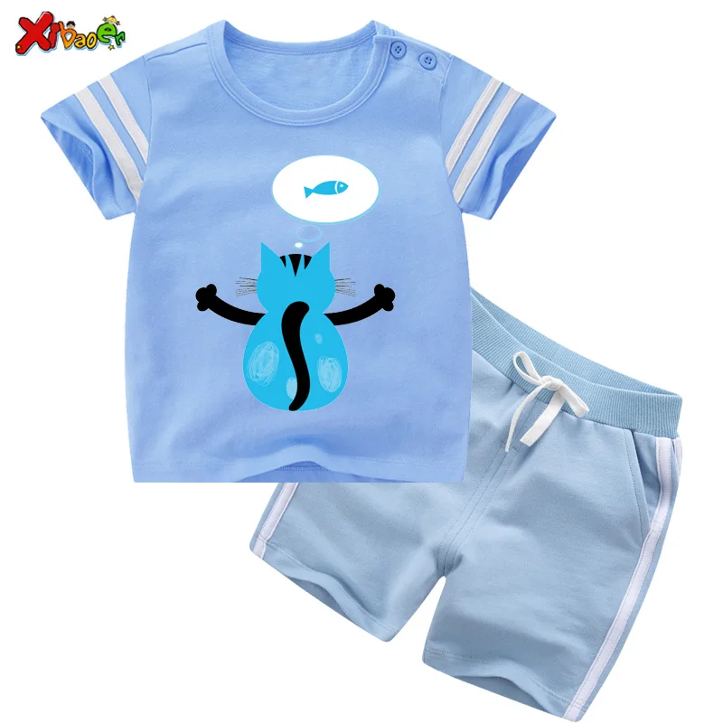 

Toddler Set Clothes Boys Girls Summer Funny Cartoon Cat Print T Shirt+Shorts Casual Tracksuit Kids Short Sleeve Sports 2Pcs Suit