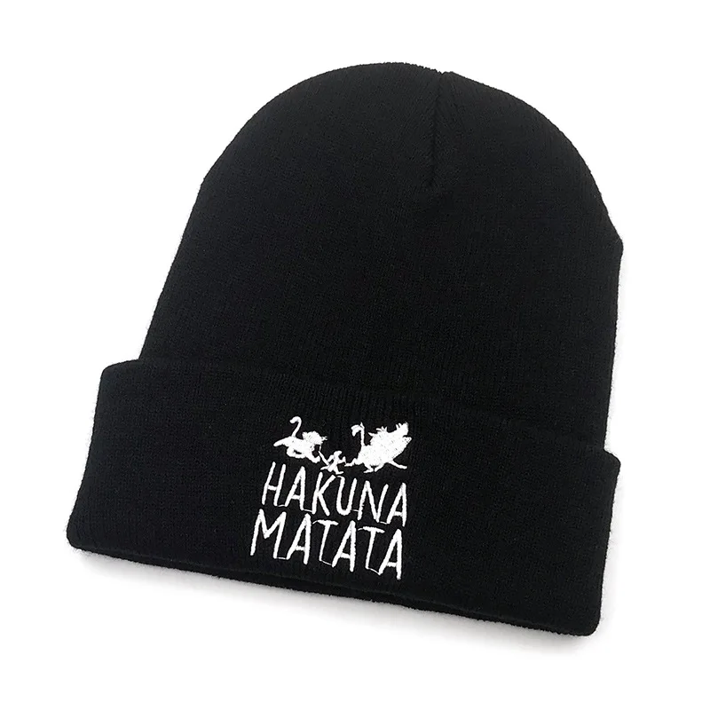 Теплые вязаные зимние шапки HAKUNA MATATA с вышивкой Skullies для мужчин и женщин