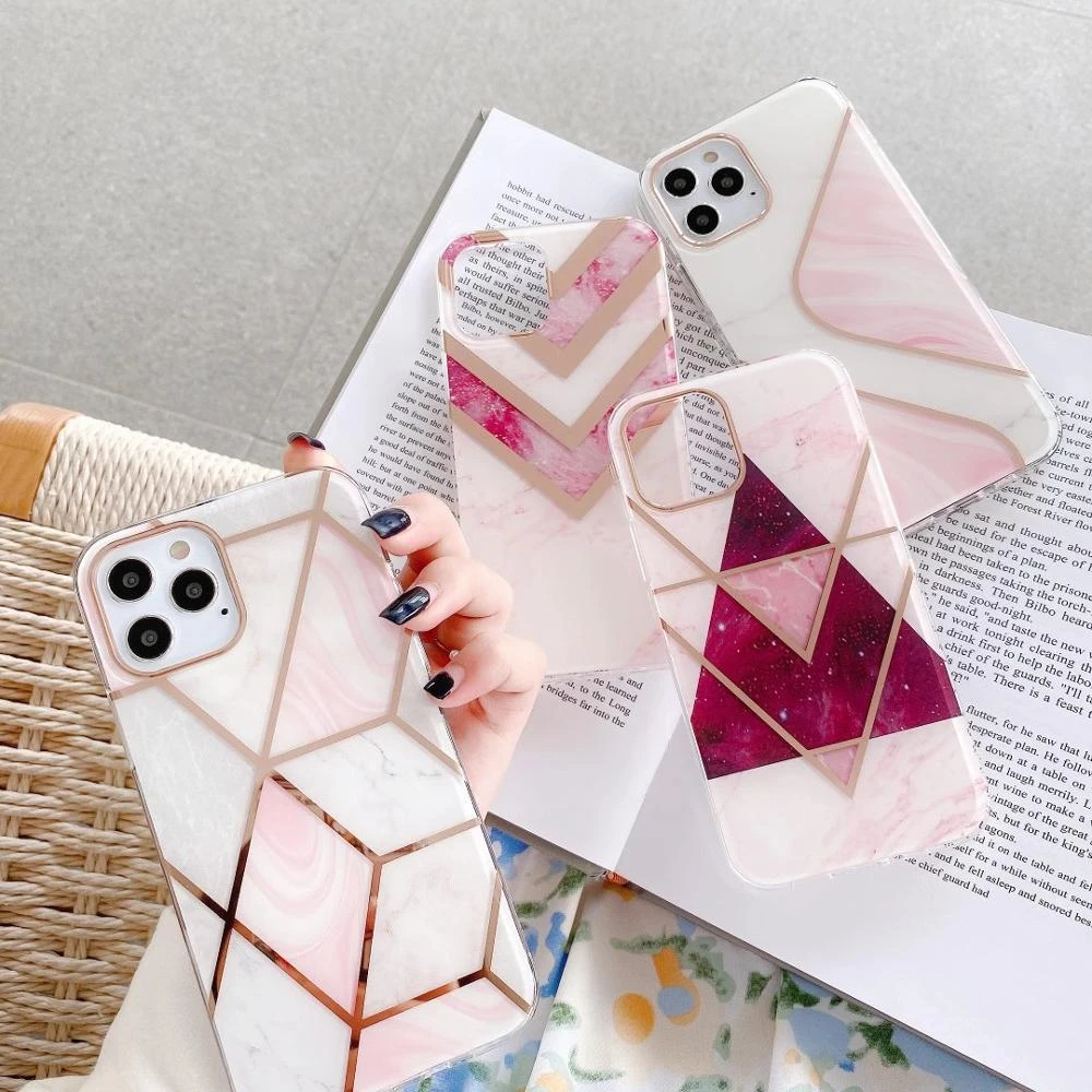 Luxury Electroplated Geometric Marble Glossy soft hard Phone Case for iphone 13 12 Mini 11 Pro X XS Max XR 7 8 Plus back cover cute iphone 12 mini cases