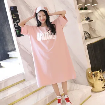 

Nightdress Female Summer Korean Nightdress Can Wear Outside Cotton Large Size 100Kg Loose Long Dress Students Пижама Женская