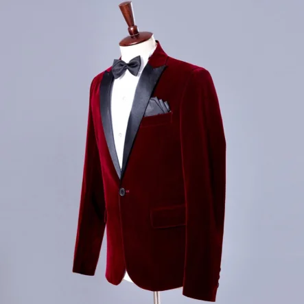 Ретро Slim Fit Мужские костюмы пиджак для свадьбы жениха черный атлас остроконечные лацканы Мужской Блейзер бордовый Бархатные костюмы