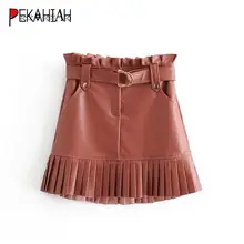 Сексуальные черные кожаные юбки с поясом, женские юбки с рюшами, шикарные вечерние плиссированные юбки, уличная офисная мини-юбка, Корейская faldas