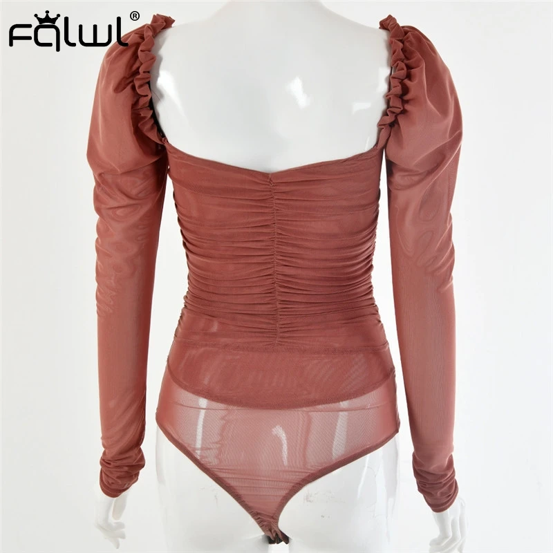 FQLWL Transparent Ruffles Mesh Bodysuit Women Top Pleated Long Sleeve Backless Sexy Bodycon Bodysuit Female Ladies Jumpsuit