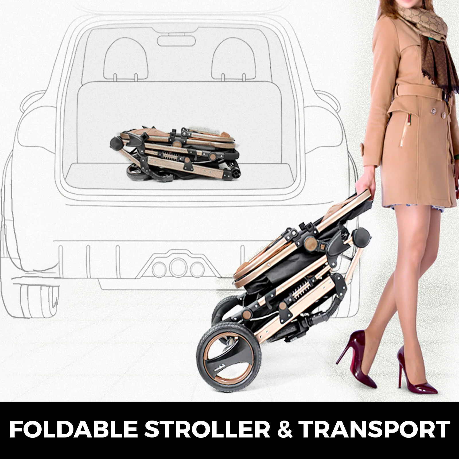 VEVOR Luxurious Baby Stroller 3 in 1 Portable Travel Reclining Baby Carriage Folding Pram for Newborn Baby Bassinet Pushchair 2